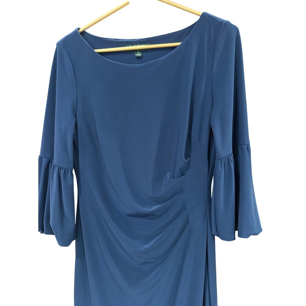 ✨Lauren Ralph Lauren Teal Ruched Sheath Dress 8 Wedding Guest Statement Sleeve ✨ - Picture 4 of 7